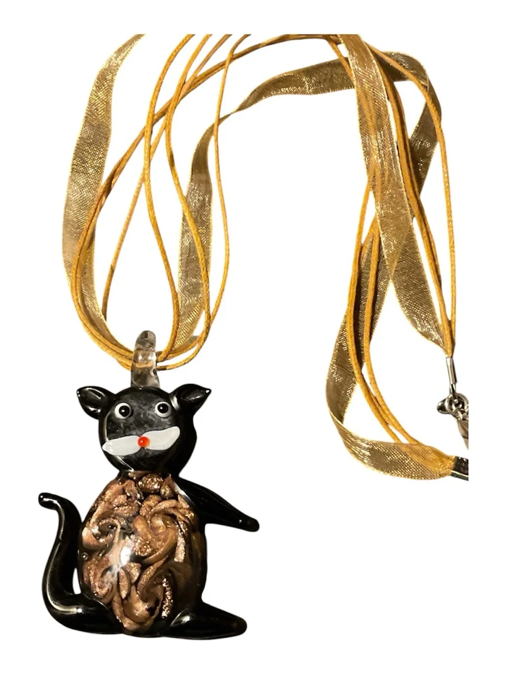 Blown Glass Black & Gold Cat Pendant Necklace